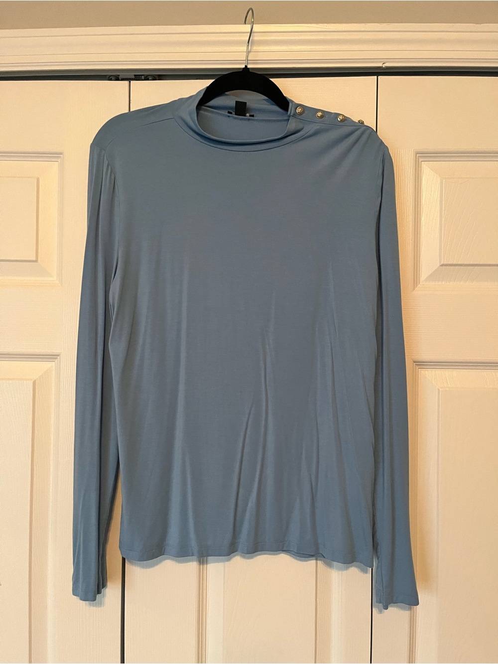 Ann Taylor Light Blue Long Sleeve Mock Neck Top with Shoulder Buttons